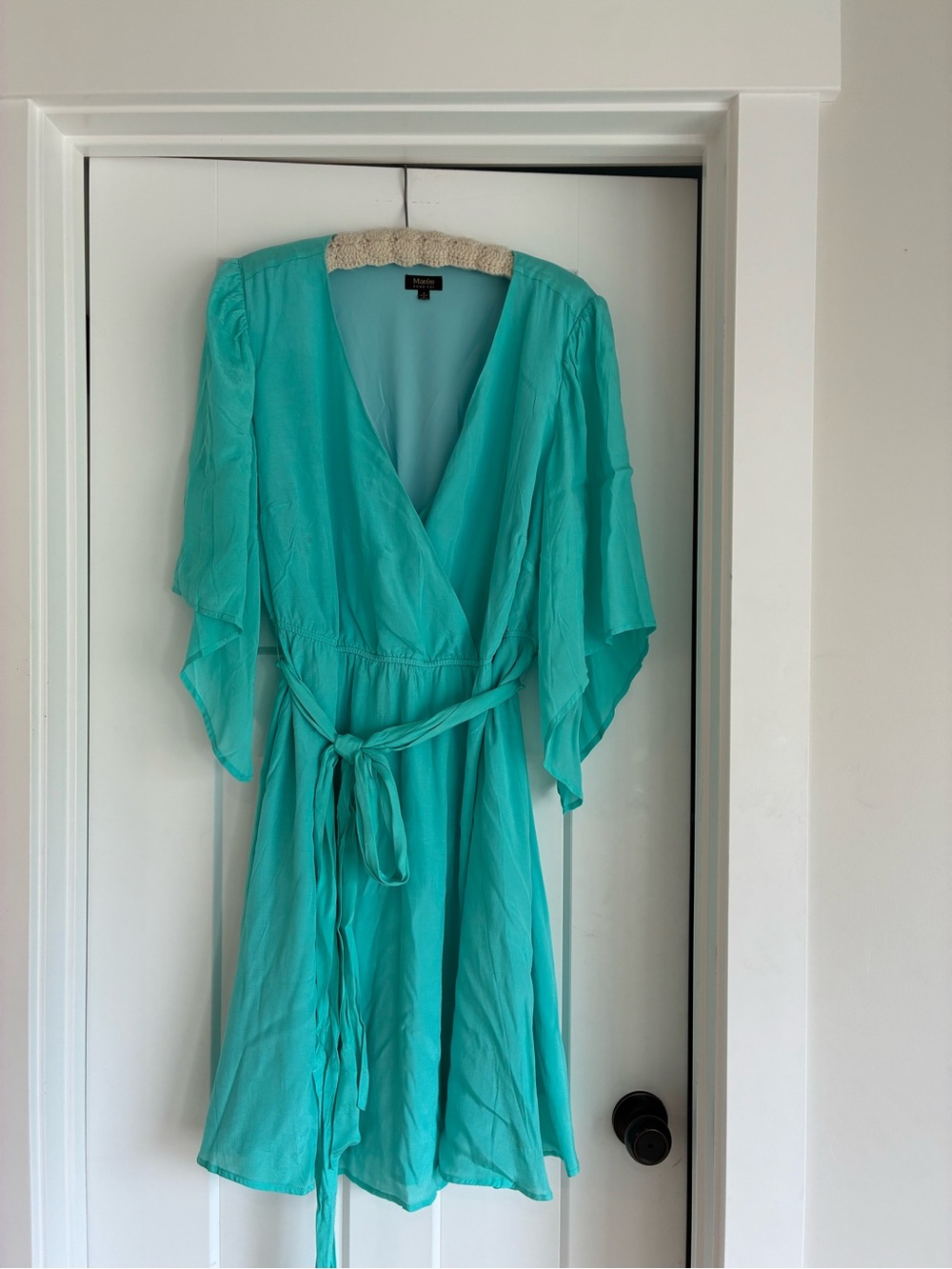 Maree Pour Toi Teal Wrap Dress with Waist Tie Fairy Sleeves Knee Length Size 18